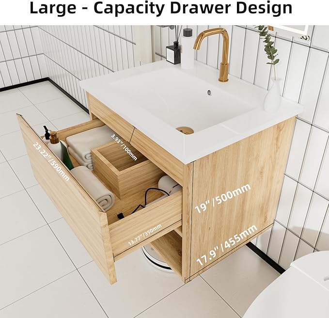 24 inch 3D Carved Bathroom Vanity with Open Compartment, Floating Cabinet with Soft-Close Drawer,with Ceramic Basin,Single Shelve,Mid Century Modern,Triamine Finish (Yellow Oak/White Sink)