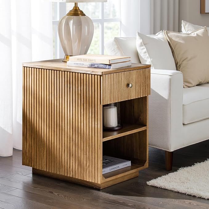 HULALA HOME Mid-Century Modern End Table with Drawer and Open Shelves, Solid Paulownia Wood Side Table, Brass Knob, No Assembly Required(Acorn)