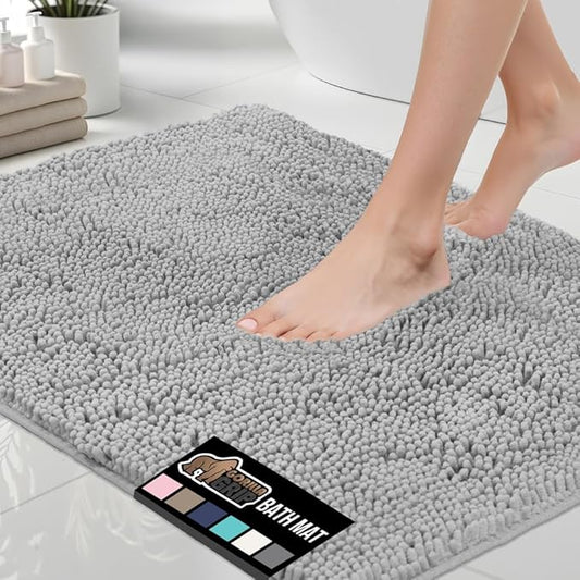 GORILLA GRIP Bath Rug Mat, Thick Soft Absorbent Chenille, Quick Dry Microfiber Mats, Rubber Backing Washable Shower Floor Rugs, US Designed Bathroom Bathmat Home Decor Accessories, 24x17 Light Gray