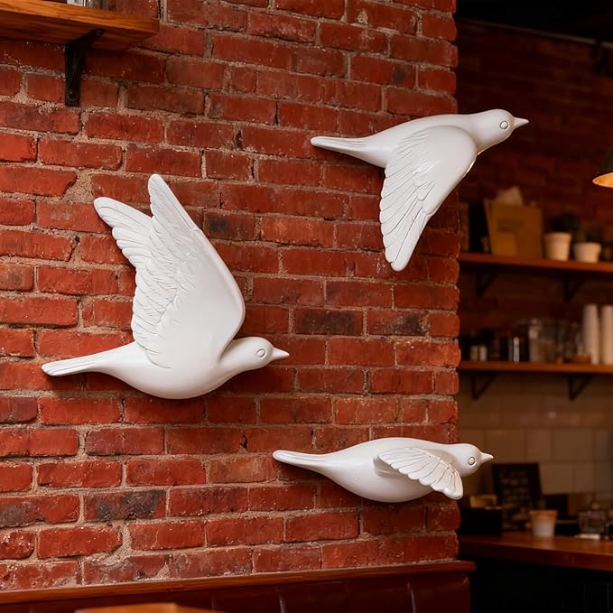 SHENGTIAN 3 Piece 3D Bird Wall Hanging - Wall Decor Flying Birds Wall Sculptures, Resin Relief Art Work for Home Wall Decor, Small Unique Wall Art with Adhesive (White)