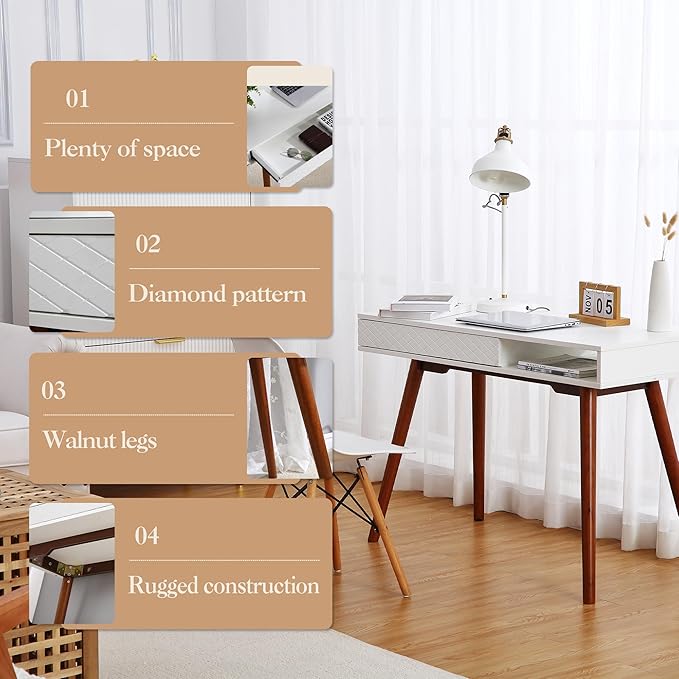 Small White Writing Desk, 42.5 Inch Mid Century Modern Office Desk with Storage, Multifunctional Wooden Study Table Computer Table for Bedroom, Living Room, Home Office