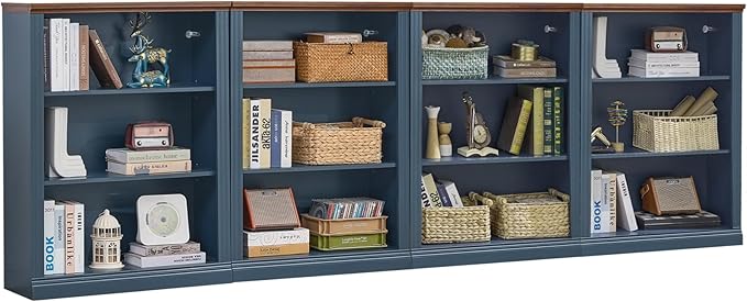 43" Blue Tall Bookshelf Set of 4,3-Tier Thick Wooden Book Shelf with Adjustable Shelves,Free Standing Farmhouse Bookcase with Open Display Storage,Floor Vintage Bookshelves for Living Room