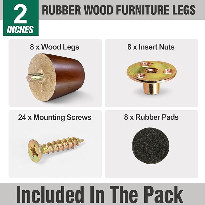 FoDau770 Brown Rubber Wood Furniture Legs 2 Inches, Straight Tapered Wood Feet Mid Century Sofa Legs Set of 8, 5/16" UNC Furniture Feet for Cabinet Couch Dresser Chair Ottoman Table