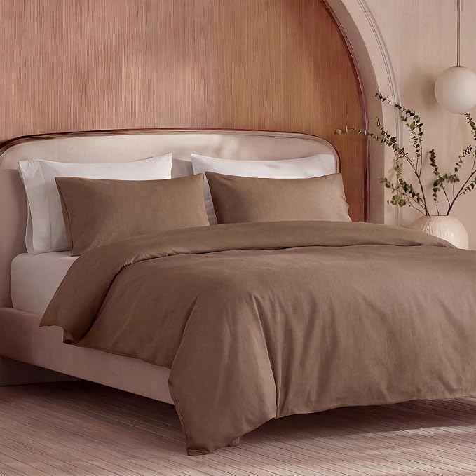 100% Washed Cotton Duvet Cover Queen Size – Brown, Linen-Like Texture, Super Soft & Breathable Bedding Set, 3-Piece Durable Percale Comforter Cover