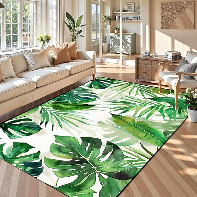 6'x9' Tropical Palm Leaf Rug Monstera Banana Leaves Floor Mat for Bedroom Living Room Nursery Playroom Classroom Home Decor Washable Low Pile Green Botanical Area Rug