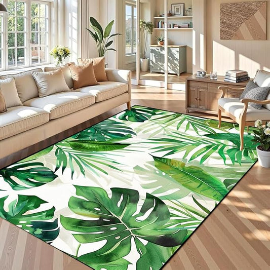 6'x9' Tropical Palm Leaf Rug Monstera Banana Leaves Floor Mat for Bedroom Living Room Nursery Playroom Classroom Home Decor Washable Low Pile Green Botanical Area Rug