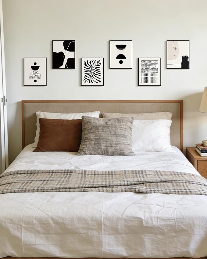 KUVIOKE Black Abstract Framed Wall Art Boho Room Decor Set of 6 Minimalist Geometric Line Art Bohemian Mid Century Modern Prints for Bedroom Living Room 8x10in (Black Framed)