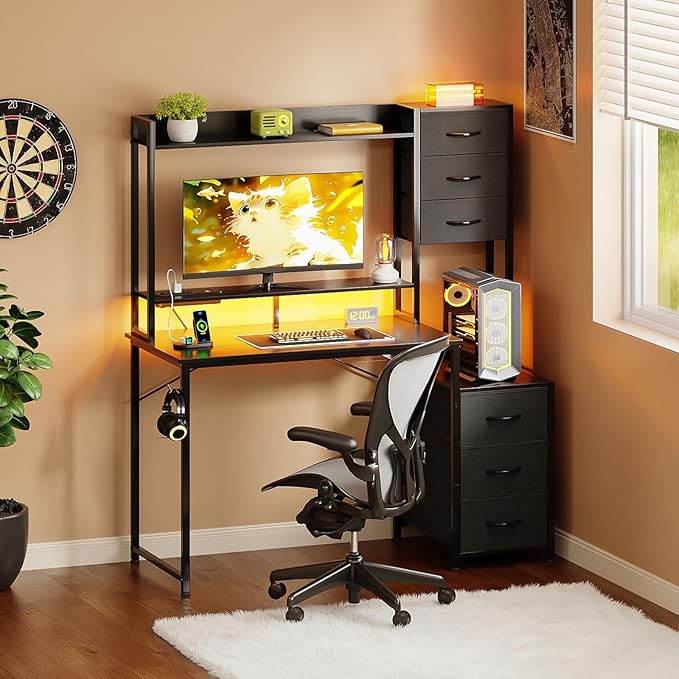 MUTUN 47 Inch Computer Gaming Desk with Hutch Power Outlet and LED Strip, Home Office Work Study Writing Desk with 6 Fabric Drawers and Storage for Bedroom, Escritorios para Computadoras, Black