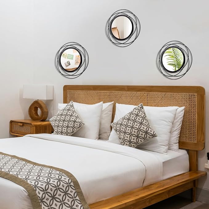 3 Set Round Mirrors for Wall Decor Living Room Bedroom Bathroom Dining Room Metal Circle Mirror Set Boho Decorative Sunburst Wall Art Accent Entryway - Black 13.3 in