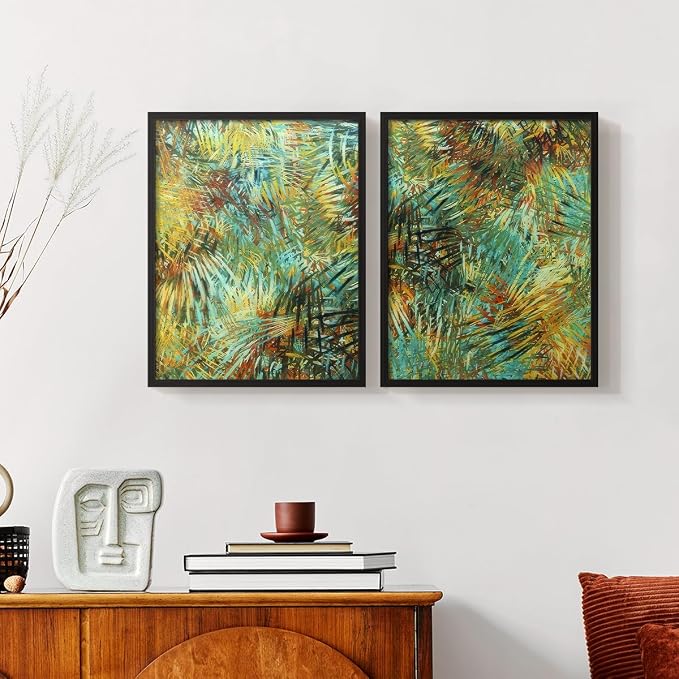 Renditions Gallery Set of 2 Peel & Stick Framed Prints, Nature Abstract Wall Art, Green Leafy Design Wall Decor, Re-Stickable - Ready to Hang - 11"x14" - Black Frame LT588