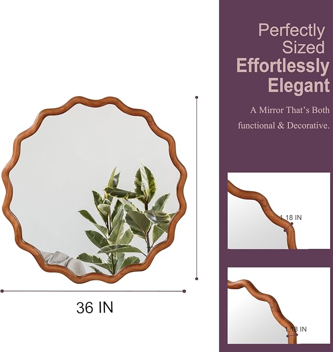 36 Inch Wooden Wavy Round Wall Mirror, Modern Solid Wood Frame Circle Decorative Accent Mirror for Bedroom, Bathroom, Living Room, Entryway, Yellowish Brown