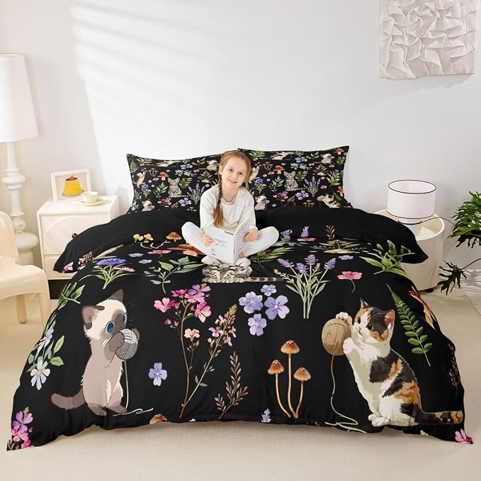 Erosebridal Cute Cat Comforter Cover Queen Kitten Cat Lovers Bedding Set Black Boho Watercolor Floral Duvet Cover for Kids Girls Boys Adults Funny Pet Animal Bed Set