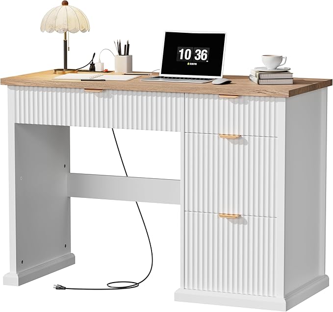 47" Farmhouse Executive Desk, Home Office Desk with Drawers and Charging Station, Wood Home Office Desk, Fluted Computer Writing Desk for Study, Living Room, Bedroom