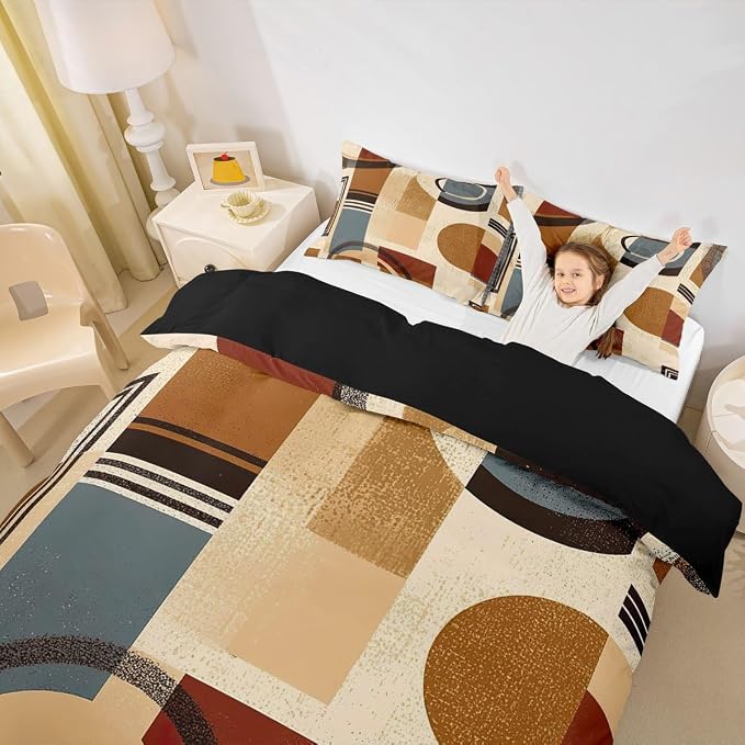 Modern Geometric Duvet Cover Set Full Size,Abstract Retro Striped Circle Bedding Set,Boys Girls Room Decor,Minimalist Aesthetic Squares Comforter Cover,Brown Quilt Cover,2 Pillowcases(No Filler)