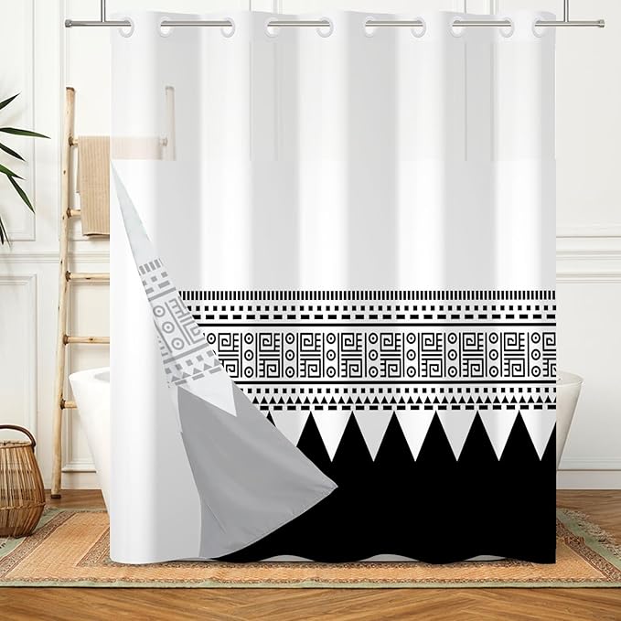 Black and White Shower Curtain Snap in Liner Waterproof Fabric Shower Curtains for Bathroom Classical Pattern of Modern Black Striped Triangle Pattern Polyester Bath Curtain Sets No Hook 71x74 Inch