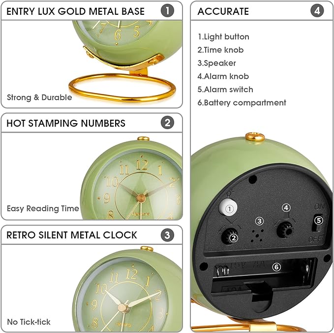 rjuwurv Metal Desk Clock, Retro Bedroom Table Vintage Analog Alarm Clock, Silent Non-Ticking Gold Clock, Bedside Décor(Olive-Green)