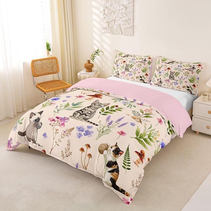 Erosebridal Cute Cat Comforter Cover King Kitten Cat Lovers Bedding Set Beige Boho Watercolor Floral Duvet Cover for Kids Girls Boys Adults Funny Pet Animal Bed Set