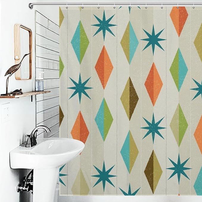 Mid Century Shower Curtain Modern Style Grunge Atomic Texture Pattern Duty Fabric Shower Curtains Set Bathroom Polyester Waterproof with 12 Hooks,72x72Inch（183x183cm）