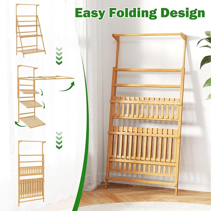 Giantex Plant Stand Indoor Outdoor - Bamboo 3-Tier Hanging Tall Ladder Flower Pot Display Organizer Rack w/Height Adjustable Rod, Folding Plant Shelf Holder for Living Room Corner Patio Garden Balcony