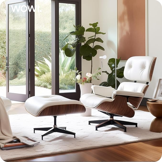 Top White Grain Leather, Mid Century Chaise Lounge Chair and Ottoman, Modern Chair Classic Design, Walnut Wood, Heavy Duty Base Support for Living Room Office