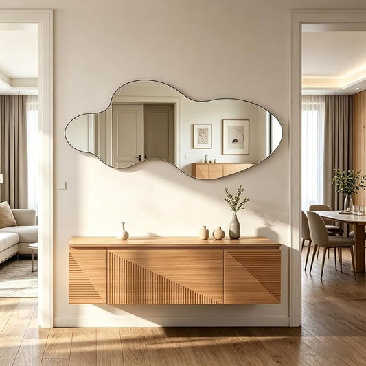 Irregular Wall Mirror, 55"x26" Asymmetrical Decorative Accent Mirror with Black Metal Frame, Large Organic Shape Mirrors for Entryway Bedroom Living Room, Horizontal or Vertical Hanging
