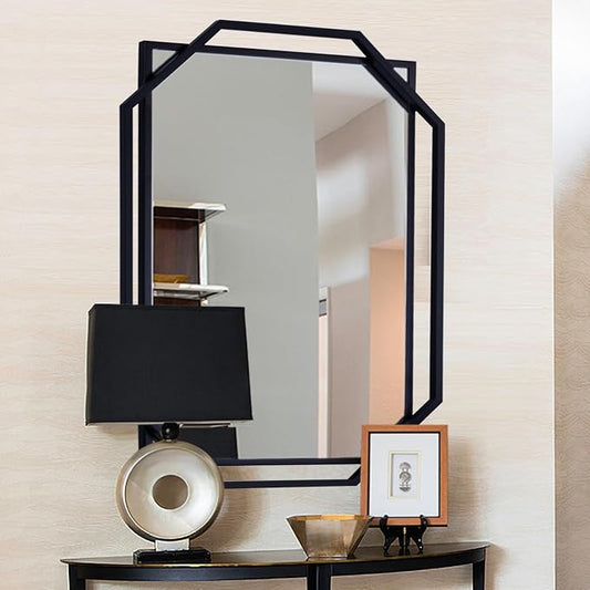 Decorative Wall Mirror, 40" x 28" Black Frame Bathroom Mirror for Wall with Modern Metal Octagonal, for Living Room, Dining Room, Entryway