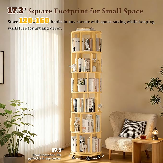 6 Tier Rotating Solid Wood Bookshelf, Corner Small Bookshelf Lazy Susan Organizer,Circular Rotating Spinning Bookshelf on Wheels, Revolving 360° Bookshelf for Small Spaces for Bedroom Natural