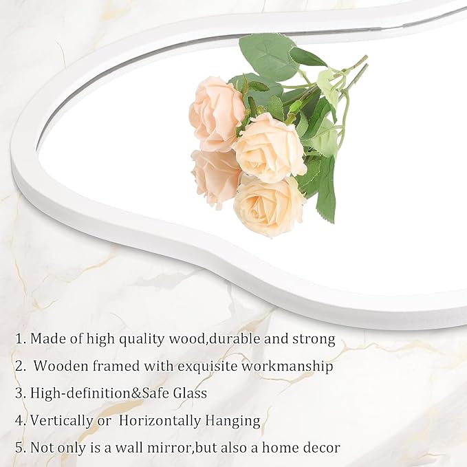 AAZZKANG Irregular Wall Mirror Wooden Large 22"x12" Decorative Hanging Mirrors Asymmetrical for Bedroom Dressing Room Living Room Bathroom Entryway White