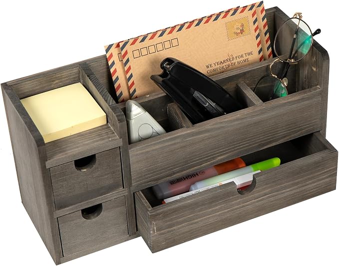 Rock Grey Wooden Desktop Organizer 3 Drawers Office Supplies Storage Caddy Stationery Box Mail Holder Note Pads Makeup Tools Cosmetics