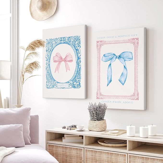 Preppy Bow Wall Art Decor Set of 2 Coquette Canvas Wall Decor Aesthetic Pictures Trendy Girly Wall Art Pink Blue Bow Prints Christian Bible Verse Poster for Bedroom Living Room 12x16 Inch Framed