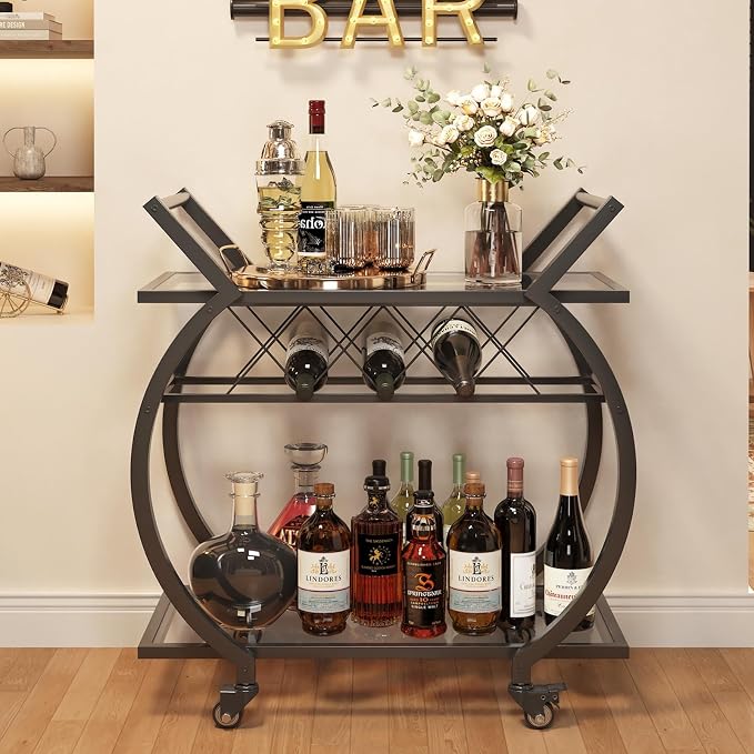LVB Bar Cart with Glass, Black Bar Cart with Wheels, Home Bar Serving Cart with 2 Tier Storage Glass Shelves, Wine Cart with Wine Rack, Liquor Cart for Kitchen, Bar, Dinning Room