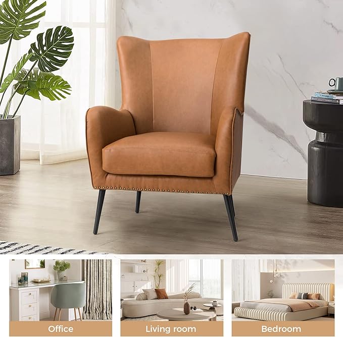 HULALA HOME Faux Leather Accent Chair with Removable Cushion, Comfy Upholstered Armchair with Black Metal Legs & Nailhead Trim Wingback Vanity Chair for Reading Living Room Bedroom, Camel