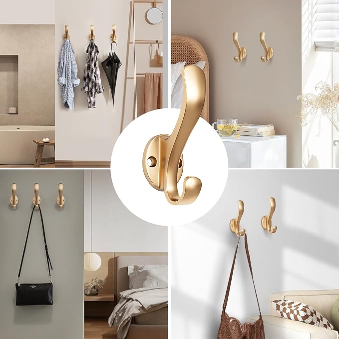 Coat Hooks Heavy Duty - Easy to Install Metal Towel Hooks Fashionable Wall Hooks for Hanging Hat, Towel, Key, Robe, Scarf, Bag, Cap (6 PCS Gold)