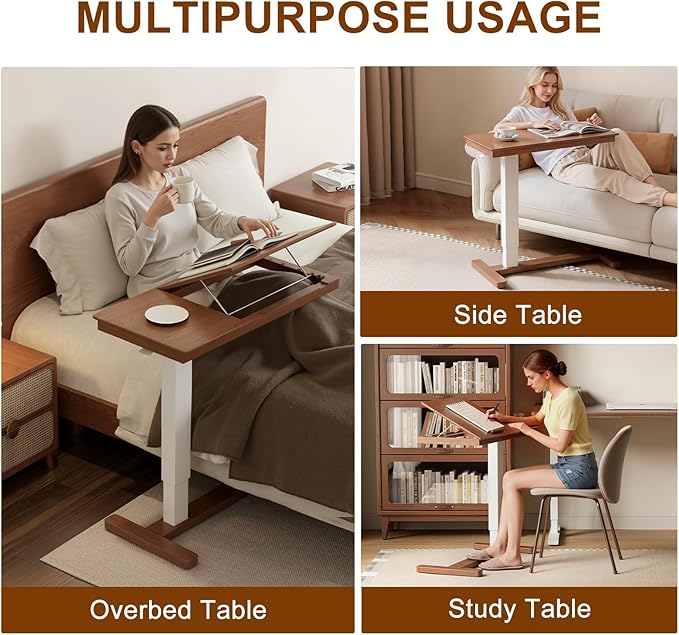 Solid Wood Overbed Bedside Table with Wheels, Adjustable Medical Tilt Top Hospital Bed Table Over The Bed, Rolling Laptop Desk, Mobile Standing Desk for Hospital and Home Use (Walnut)