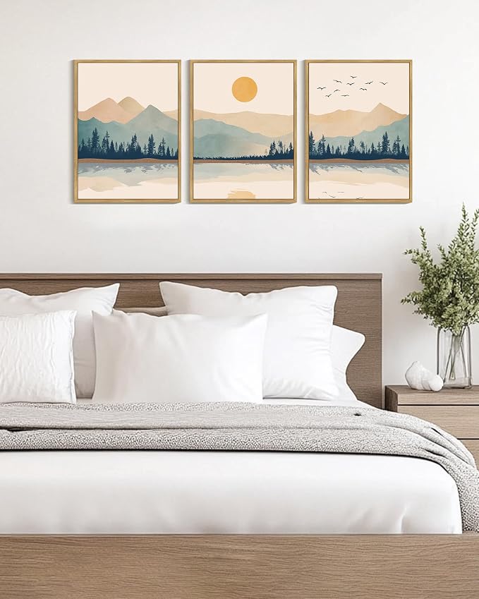 KUVIOKE Mountain Landscape Framed Canvas Wall Art Watercolor Nature Laker Painting Sun Rises Boho Farmhouse Rustic Room Decor for Bedroom Dining Room 12x16in (Natural Framed)