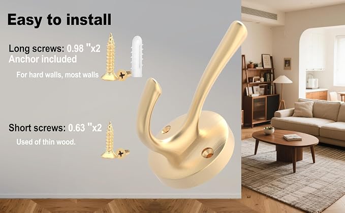 TOFIIGREM Gold Hat and Coat Hooks, 4 Pack Heavy Duty Coat Robe Hook, Metal Double Backpack Hook Wall Mounted, Towel Hooks for Bathroom Entryway Cubicle Closet Garage