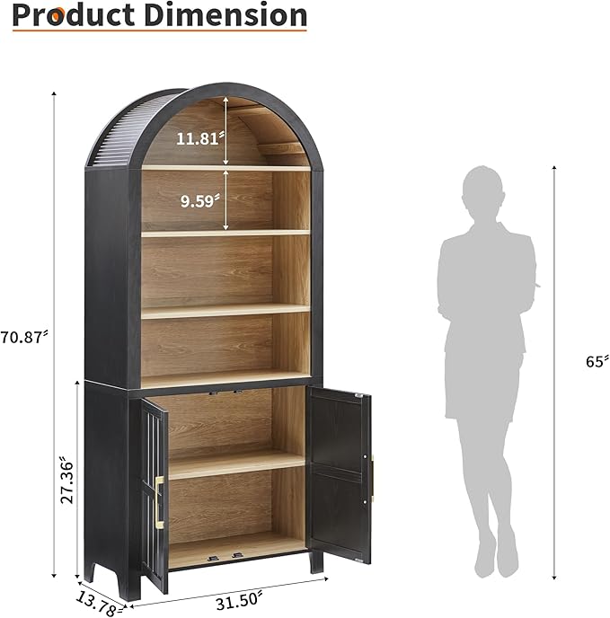71" Tall Arched Bookcase, Arch Bookshelf with Doors , Modern Book Shelf Storage Cabinet with Adjustable Shelves, Wood Bookshelf w/Open Display for Living Room, Office Decor (Black/Natural, 2PC)