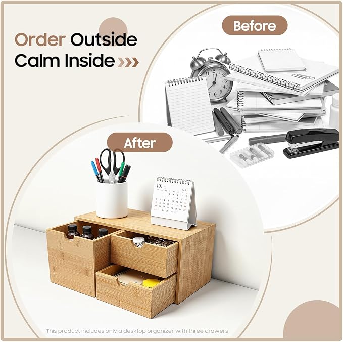 Ringmaster Bamboo Desk Organizer with 3 Drawers,Mini Desktop Organizer Drawer Tabletop Storage Organization Box for Office Home Supplies
