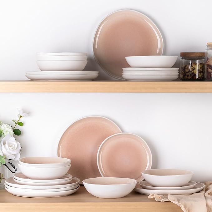 AmorArc Ceramic Dinnerware Sets,Handmade Reactive Glaze Stoneware Plates and Bowls Sets,Highly Scratch Resistant | Dishwasher & Microwave Safe Dishes Set,Service for 8 (24pc)-Pink