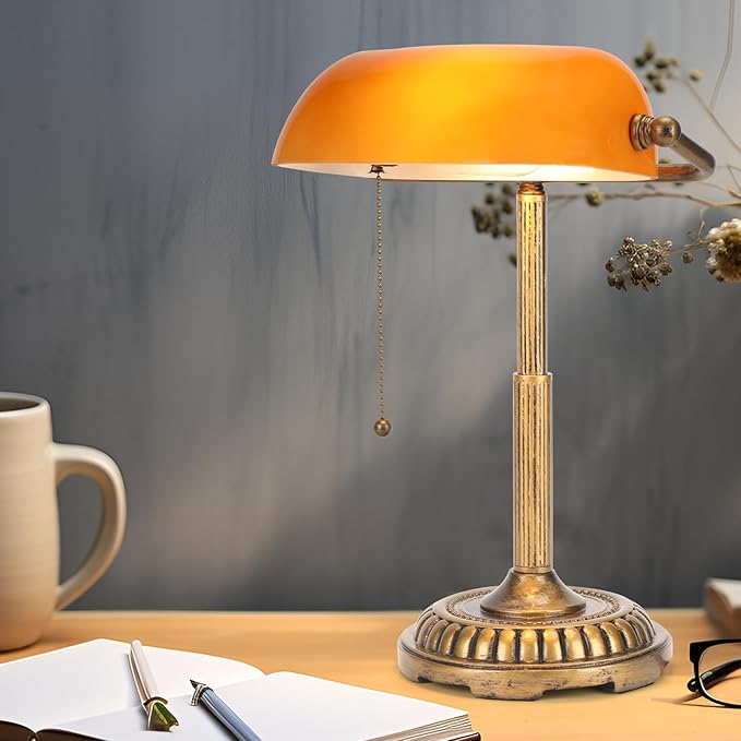 NISSAFORS Bankers Lamp, Amber Desk Lamp with Pull Switch, Vintage Table Lamps for Home Office, Library, Piano (Amber)
