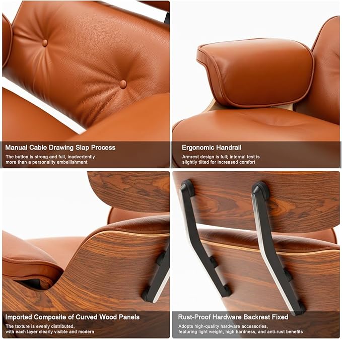 Top Grain Leather, Mid Century Chaise Lounge Chair and Ottoman, Modern Chair Classic Design, Heavy Duty Base Support for Living Room Study Lounge Office, Palisander-Brown