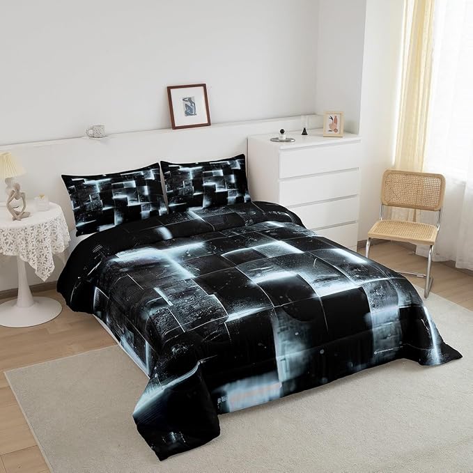 Black Greyish White Abstract Comforter Twin Gradient Square Twin Bedding Set Grid Down Comforter Neon Checkered Bed Set Glowing Plaid Quilted Duvet Modern Room Decor 2pcs (Black Reversible)
