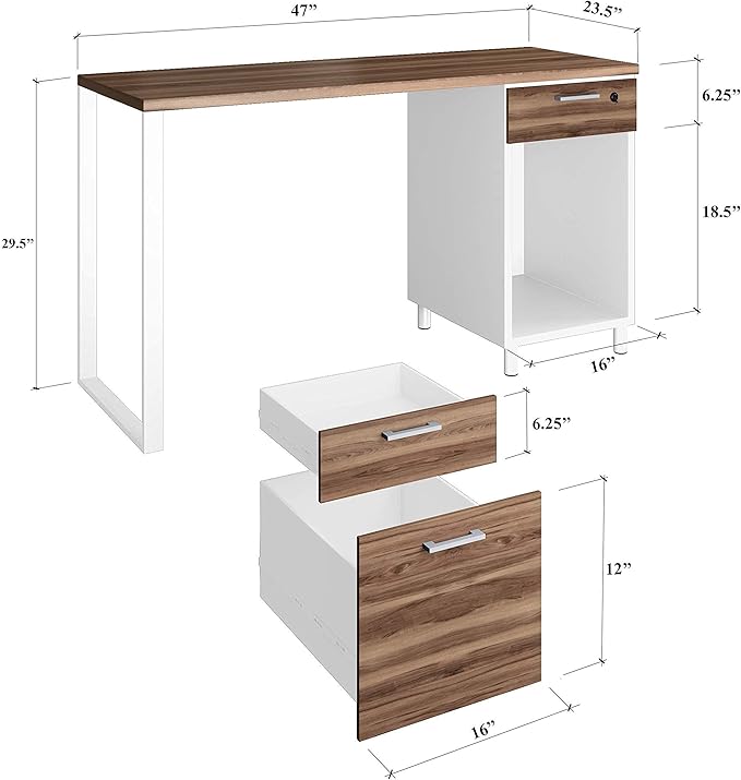 Modern Design Milano Office Desk with 3 Locking Drawers, 48 Inch White and Walnut Industrial Wood Desk with Filing Drawer and Storage, by Crafts and Comfort
