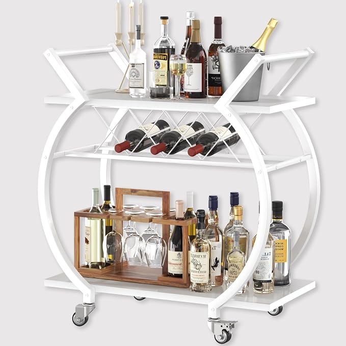 LVB White Bar Cart, Modern Rolling Serving Wine Cart with Storage, Industrial Wood Metal Kitchen Island Beverage Cart with Wheels, Microwave Drink Liquor Cart Table for Home Dining Living, White Oak