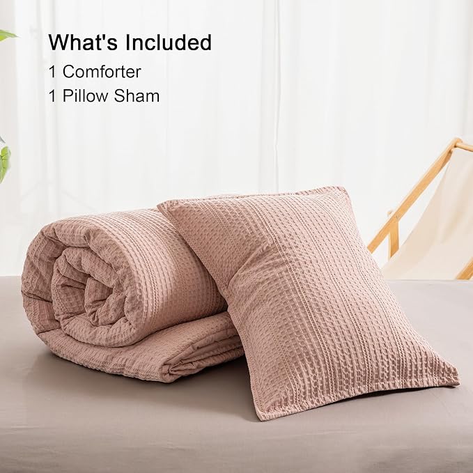PHF Soft Waffle Comforter Set Twin Size- Comfy Breathable Waffle Weave Comforter with 1 Pillow Shams, 2 Pieces Less Snagging Lightweight Textured Bedding Set for All Season, Rose Pink
