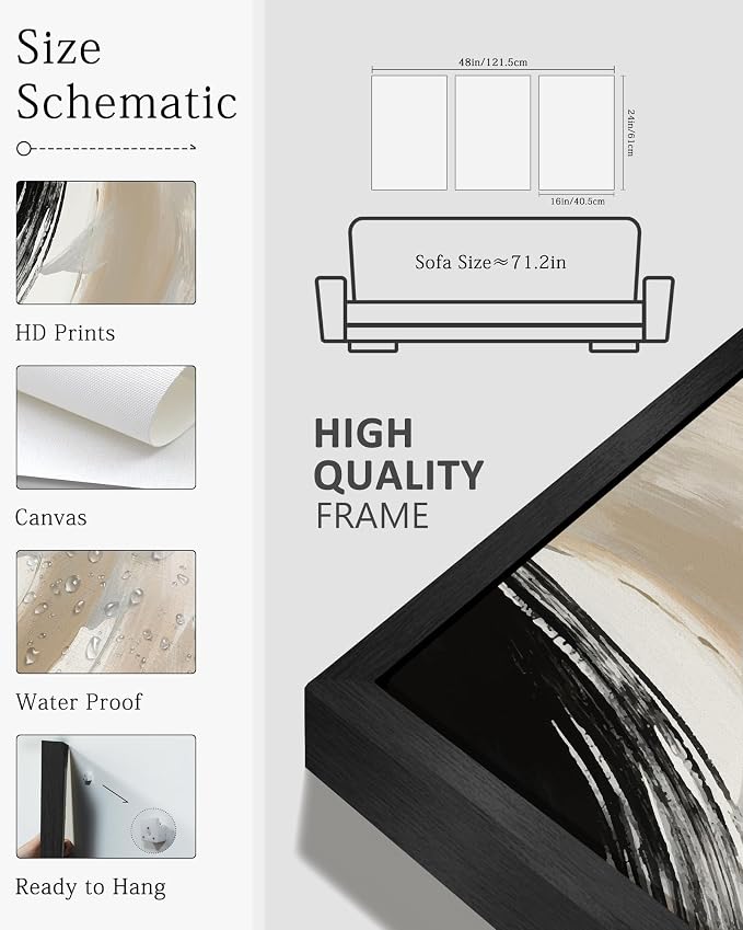 KUVIOKE Modern Abstract Framed Wall Art Black Neutral Minimalist Ink and Wash Graffiti Pastel Wall Decor for Bedroom Living Room 16x24in (Black Framed)