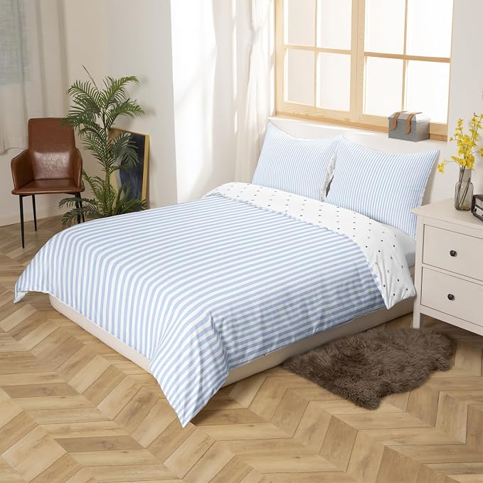 Erosebridal Blue White Stripe Duvet Cover Full Geometric Ticking Stripes Comforter Cover for Kids Teens | Farmhouse Vertical Stripes Bedding Set Modern Abstract Bed Set with 2 Pillow Cases