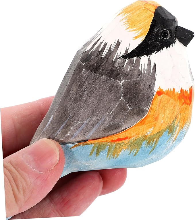 Mobestech Wood Carved Bird Ornament Red-Headed Sparrow Desktop Decor Handmade Wooden Bird Figurine for Home and Office Decoration