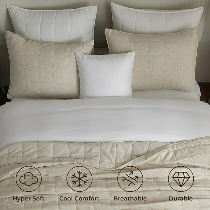 Powdion French Linen Quilt King, Pre-Washed Linen Front and Cotton Back European Comforter, Lightweight Breathable Cotton Quilt King Size for All Season, 3 Pcs Box Stitch Beige King Quilt