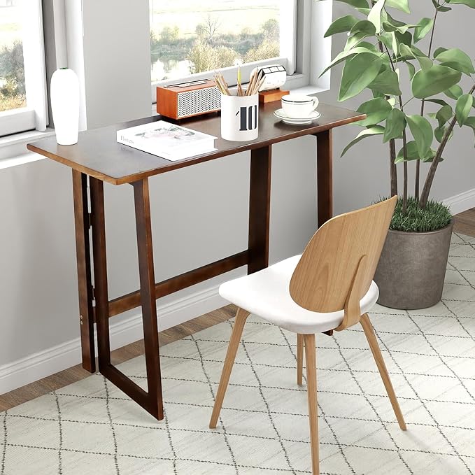 Solid Wood Folding Desk Mid Century Modern Table, 47'' Foldable Writing Computer Desk for Home Office, Simple Study Makeup Workstation, Wooden Study Office Desk Table for Small Spaces